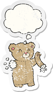 Düşünce baloncuklu yırtık kollu çizgi film ayısı insan tarafından çizilmiş yıpranmış bir çıkartma gibi.