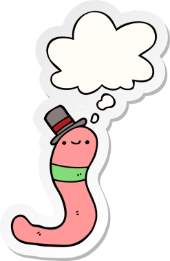 Bir insan tarafından çizilmiş bir çıkartma olarak düşünce baloncuğu olan şirin bir çizgi film solucanı.