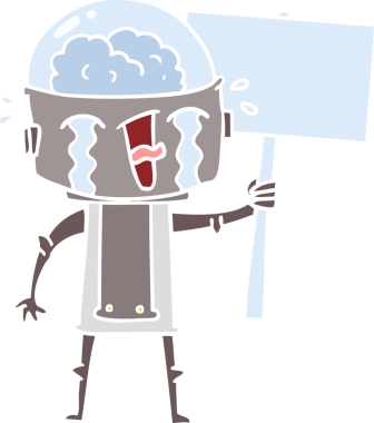 Bir insan tarafından çizilmiş düz renkli ağlayan robot el sallama işareti