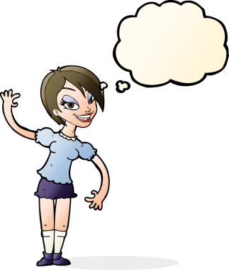 Bir insan tarafından çizilmiş düşünce baloncuğuyla el sallayan çizgi film kızı.