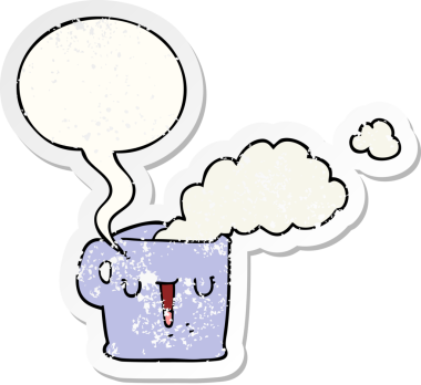 Bir insan tarafından çizilmiş, sıkıntılı, sıkıntılı, eski bir çıkartma olan bir kahve fincanı.