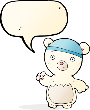 Bir insan tarafından çizilmiş konuşma balonlu şapka takan kutup ayısı çizgi filmi.