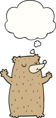 Bir insan tarafından çizilmiş düşünce baloncuklu çizgi film ayısı.