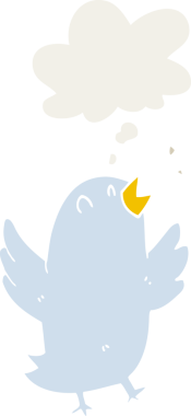 Düşünce baloncuğuyla şarkı söyleyen çizgi film kuşu insan tarafından çizilmiş.