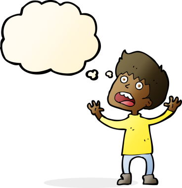 Çizgi film, bir insan tarafından çizilmiş düşünce balonu olan stresli bir çocuk.