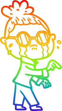 Gökkuşağı gradyan çizgi çizimi. Bir insan tarafından çizilmiş gözlük takan ağlayan bir kadın.