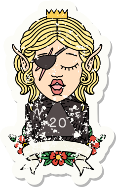 Bir insan tarafından çizilmiş doğal yirmi zarlı, düzenbaz bir elf karakterinin grunge çıkartması.