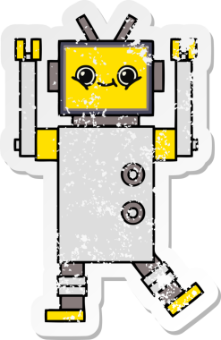 Bir insan tarafından çizilmiş sevimli bir robot çizgi film çıkartması.