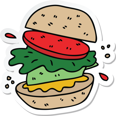 Bir insan tarafından çizilmiş garip bir sebze burgerin çıkartması.