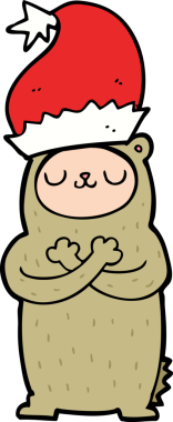 Bir insan tarafından çizilmiş Noel şapkası takan çizgi film ayısı.