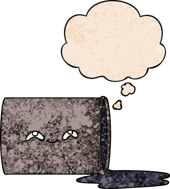 Bir insan tarafından çizilmiş grunge desenli düşünce baloncuklu çizgi film yağ varili.