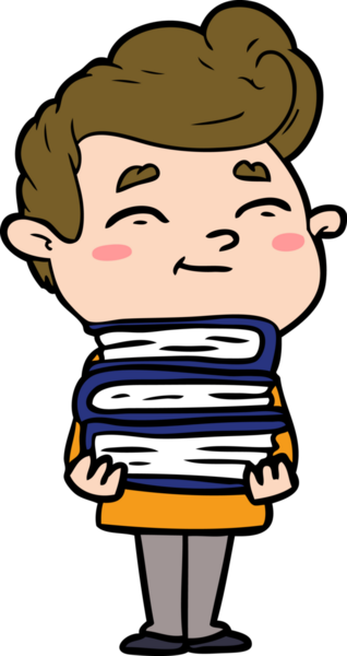 Bir insan tarafından çizilmiş bir yığın yeni kitabı olan mutlu çizgi film adamı.