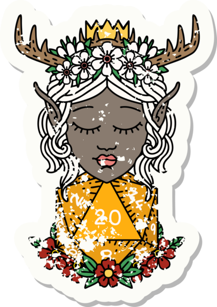 Retro Dövme Tarzı Elf Karakteri Nautral 20 zar bir insan tarafından çizilmiş