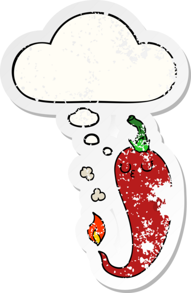 Düşünce baloncuklu sıcak kırmızı biber çizgi filmi insan tarafından çizilmiş yıpranmış bir çıkartma gibi.