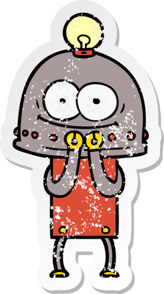 Bir insan tarafından çizilmiş ampullü mutlu bir robot çıkartması.