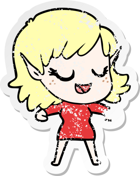 Bir insan tarafından çizilmiş mutlu bir elf kızının sıkıntılı çıkartması.