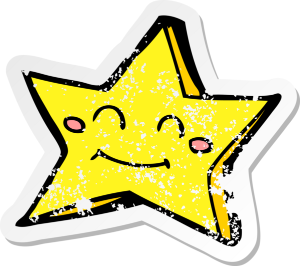 Bir insan tarafından çizilmiş mutlu bir yıldız karakterinin gerilimli retro yapıştırması.