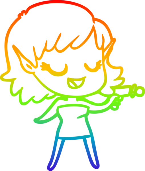 Gökkuşağı gradyan çizgisi mutlu bir çizgi film kızı ve bir insan tarafından çizilmiş ışın tabancası.