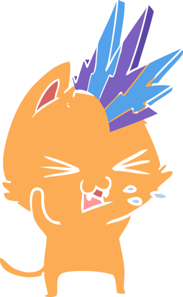 Düz renkli çizgi film punk rock kedisi tıslayan bir insan tarafından çizilmiş