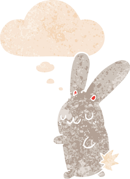 Homurdanan düşünce baloncuğu olan sevimli çizgi film tavşanı bir insan tarafından çizilmiş dertli retro tarzı.