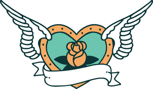 Bir insan tarafından çizilmiş çiçek ve bayrak ile uçan bir kalbin ikonik dövme görüntüsü