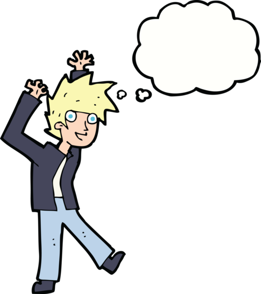 Bir insan tarafından çizilmiş düşünce baloncuğu olan heyecanlı çocuk.