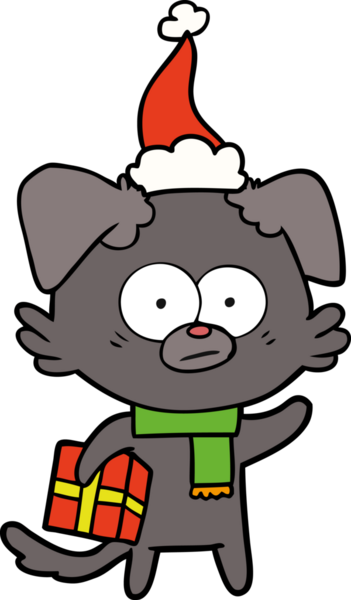 Bir insan tarafından çizilmiş Noel Baba şapkası takan sinirli bir köpek eli çizgisi.
