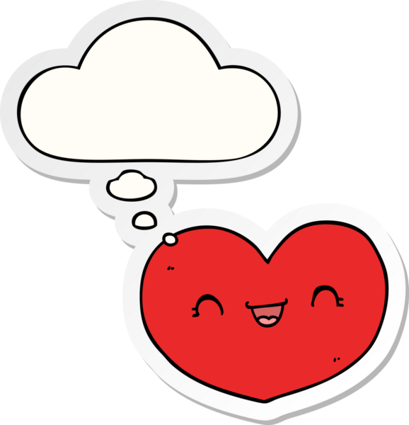 İnsan tarafından çizilmiş bir çıkartma gibi düşünce baloncuklu karikatür kalbi.