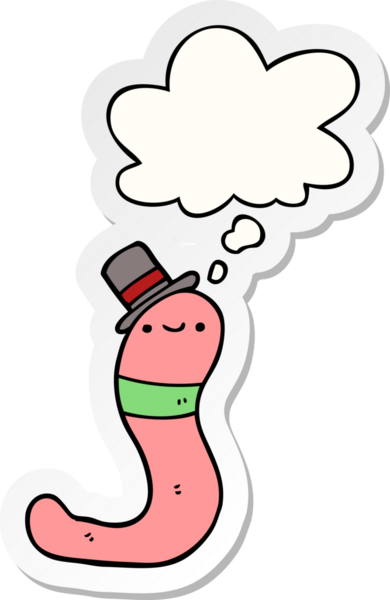 Bir insan tarafından çizilmiş bir çıkartma olarak düşünce baloncuğu olan şirin bir çizgi film solucanı.