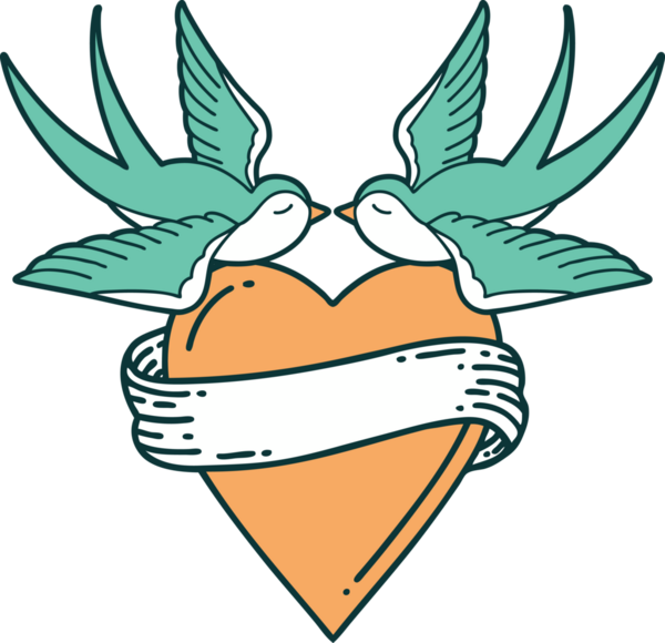 Kırlangıçların ikonik dövme şekli ve bir insan tarafından çizilmiş bir kalp.