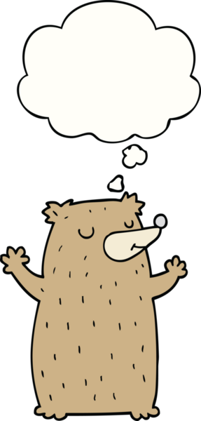 Bir insan tarafından çizilmiş düşünce baloncuklu çizgi film ayısı.