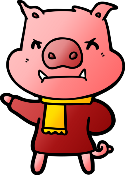 Bir insan tarafından çizilmiş kışın giydirilmiş kızgın çizgi film domuzu.