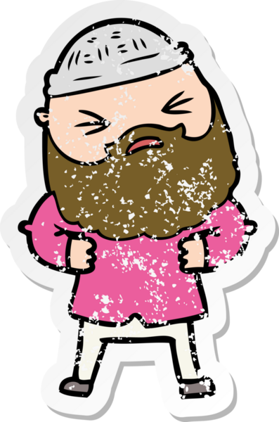 Bir insan tarafından çizilmiş sakallı bir çizgi film karakterinin sıkıntılı çıkartması.