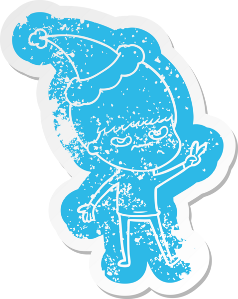 Sinirli karikatür. Noel Baba şapkası takan bir çocuk. Bir insan tarafından çizilmiş.