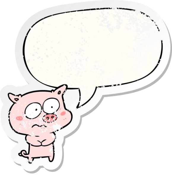 Çizgi film karakteri, konuşma baloncuğu olan sinirli domuz bir insan tarafından çizilmiş sıkıntılı eski bir çıkartma.