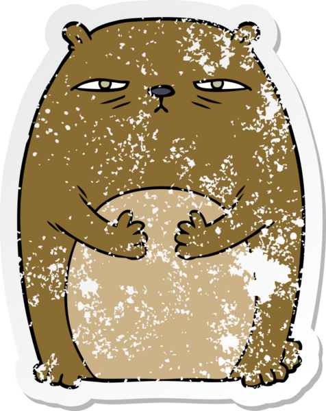 Bir çizgi filmin sıkıntılı çıkartması. Bir insan tarafından çizilmiş yorgun, sinirli bir ayı.