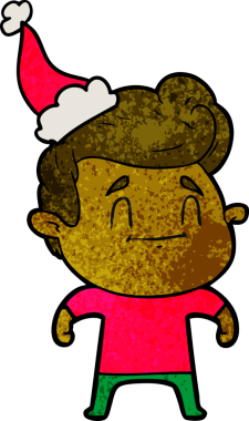 Bir insan tarafından çizilmiş Noel Baba şapkası giyen bir adamın çizilmiş mutlu el çizimi karikatürü.