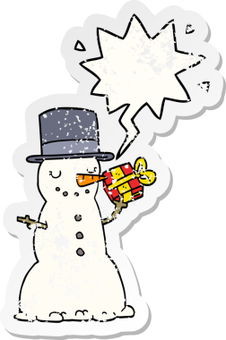 Kardan adam ve konuşma baloncuğu bir insan tarafından çizilmiş sıkıntılı eski bir çıkartma.