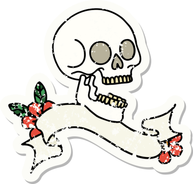 Bir insan tarafından çizilmiş kafatasının pankartıyla eski bir etiket.