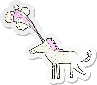 Bir insan tarafından çizilmiş sihirli bir tek boynuzlu atın gerilmiş çıkartması.