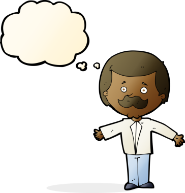 Çizgi filmlerdeki bıyıklı adam, kolları açık, düşünce baloncuğu çizen bir insan.