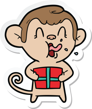 Bir insan tarafından çizilmiş Noel hediyeli çılgın bir çizgi film maymunu çıkartması.