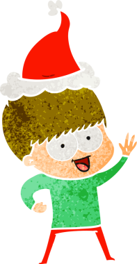 Mutlu el çizimi, Noel Baba şapkası takan bir çocuğun insan tarafından çizilmiş retro karikatürü.