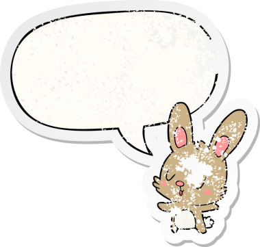 Konuşma baloncuğu olan sevimli çizgi film tavşanı bir insan tarafından çizilmiş sıkıntılı eski bir çıkartma