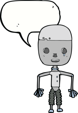 Bir insan tarafından çizilmiş konuşma balonu olan çizgi film robotu.