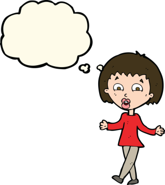 Bir insan tarafından çizilmiş düşünce baloncuğuyla omuz silken çizgi film kadını.