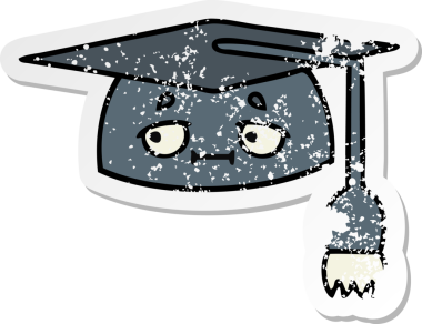 Bir insan tarafından çizilmiş şirin bir çizgi film mezuniyet şapkasının sıkıntılı çıkartması.