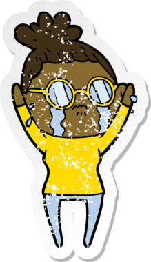 Bir insan tarafından çizilmiş gözlüklü, ağlayan bir karikatür çıkartması.