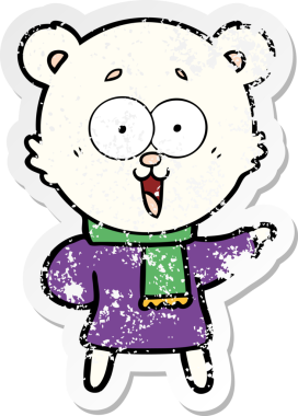 Bir insan tarafından çizilmiş kışın giydirilmiş gülen oyuncak ayının çıkartması.