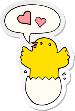 Bir insan tarafından çizilmiş konuşma kabarcığı çıkartmalı, yumurtadan çıkan tatlı bir karikatür.